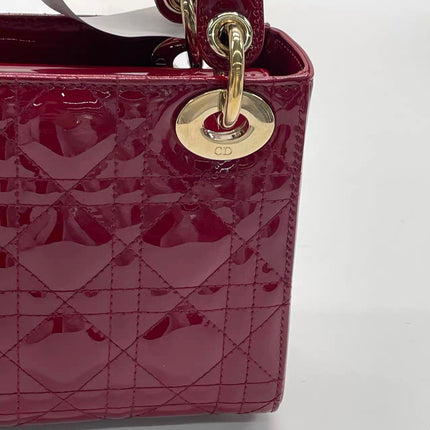 Lady Dior Mini 2020 Red Burgundy Patent Leather Gold Hardware Suede Interior Chain Strap