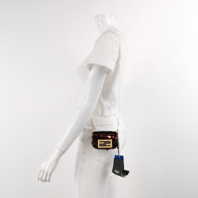 Fendi Nano Baguette Charm Red Sequins Satin Interior Chain Strap