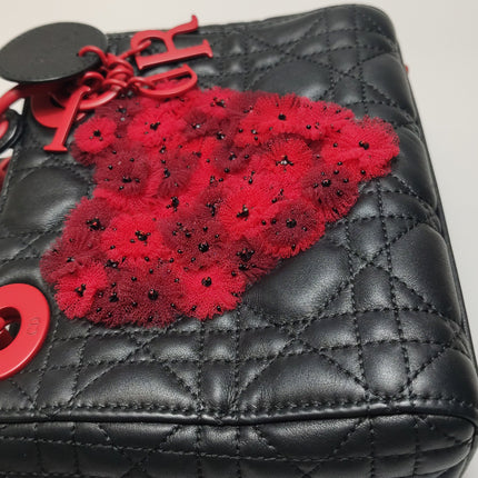 Lady Dior Mini Black Lambskin Leather Red Tulle Ruffle Heart Silver Hardware 2019