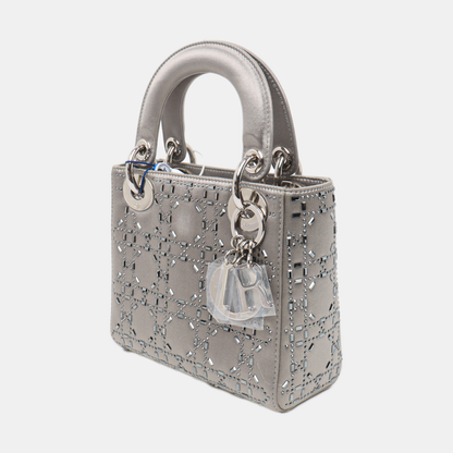 Lady Dior Mini Grey Silk with Crystals Silver Hardware