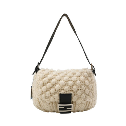 Fendi Mamma Baguette White Crochet Pompom Shoulder Bag-Luxbags