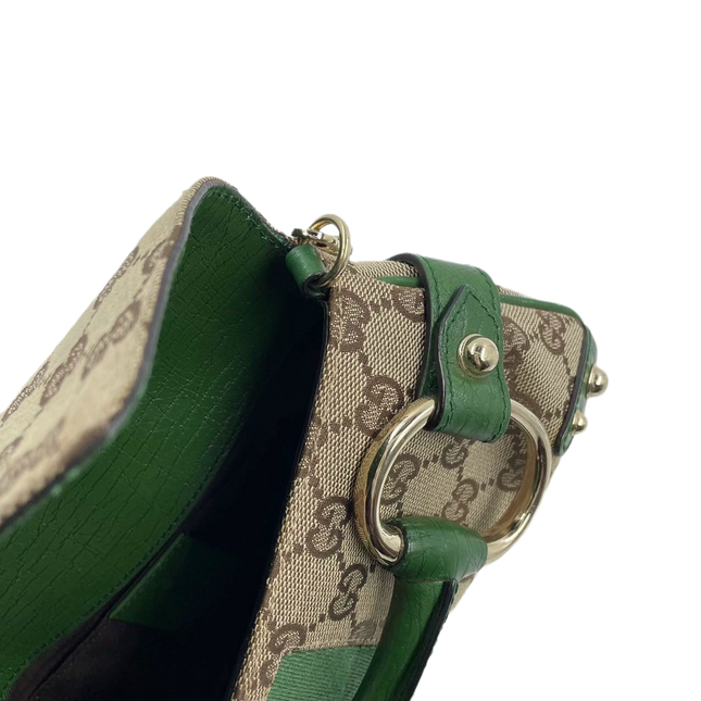 Sold Iconic Gucci Horsebit 1955 Chain Cloth Gucci Monogram Green Leather and Gold Studs