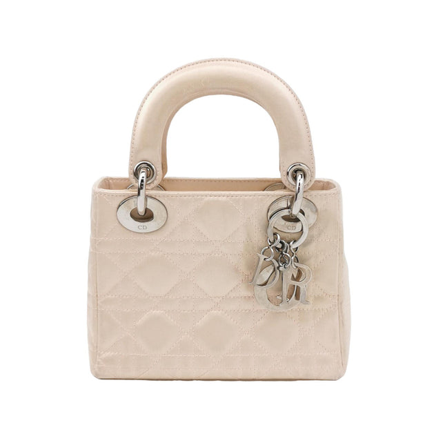 Lady Dior Mini 2004 Beige Silk Handbag Silver Hardware-Luxbags