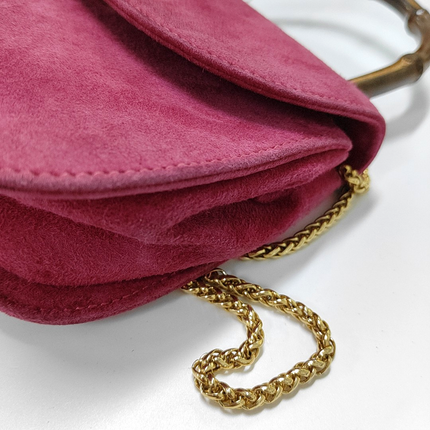 Gucci Bamboo 1947 Night Super Mini Pink Suede Evening Bag with Chain
