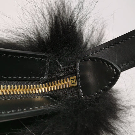 FENDI O Lock Black Leather and Faux Fur Shoulder Bag