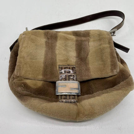 Fendi Mamma Baguette Brown Beige Soft Fur Shoulder Bag