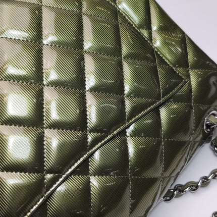Chanel Classic Flap Maxi Metallic Green Patent Leather Double Flap Sliver Hardware 2012