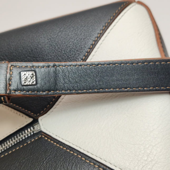 Loewe Puzzle Small Tricolor Black Grey Calfskin Leather Braided Handle Crossbody Bag