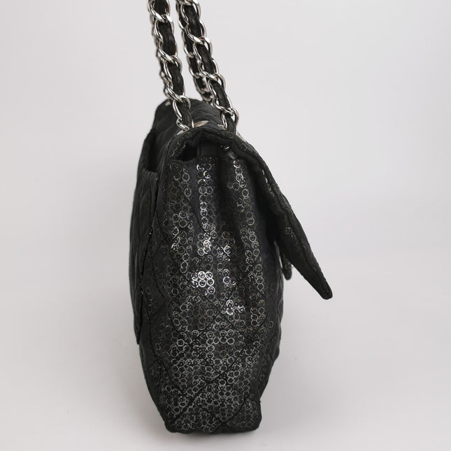 Chanel Black Mesh and Sequins Jumbo Maxi Classic Flap Silver Hardware 2008