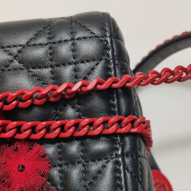 Lady Dior Mini Black Lambskin Leather Red Tulle Ruffle Heart Silver Hardware 2019