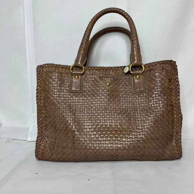 Prada Madras Brown Woven Leather Top Handle Shopping Tote-Luxbags