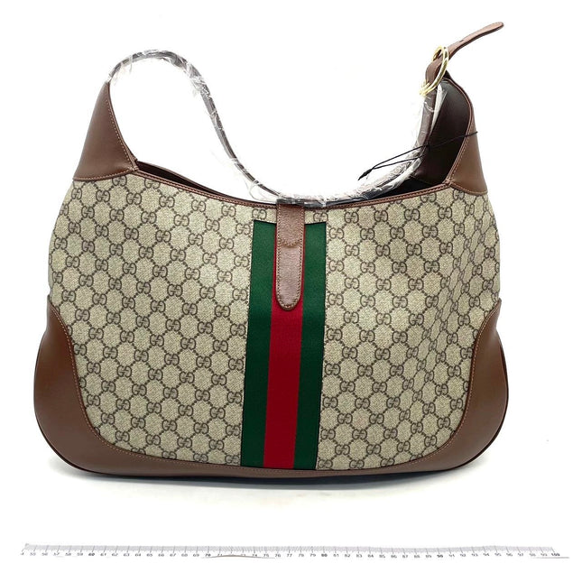 Gucci Jackie 1961 Large Brown Leather and Monogram Web with Long Strap