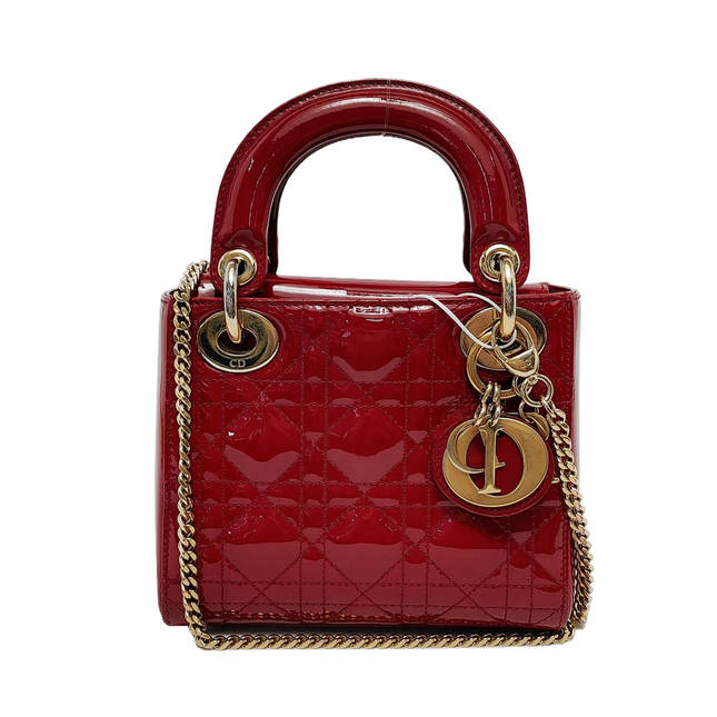 Lady Dior Mini Handbag Burgundy Red Patent Leather Gold-tone Chain Strap-Luxbags