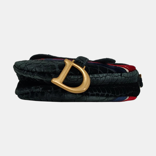 Dior Saddle Medium Green Velvet Crocodile Style Print Handbag