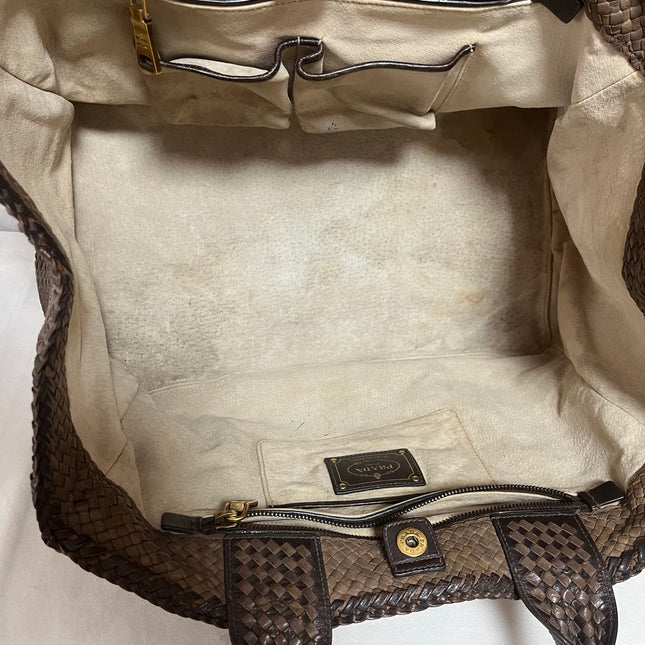 Prada Madras Brown Woven Leather Top Handle Shopping Tote