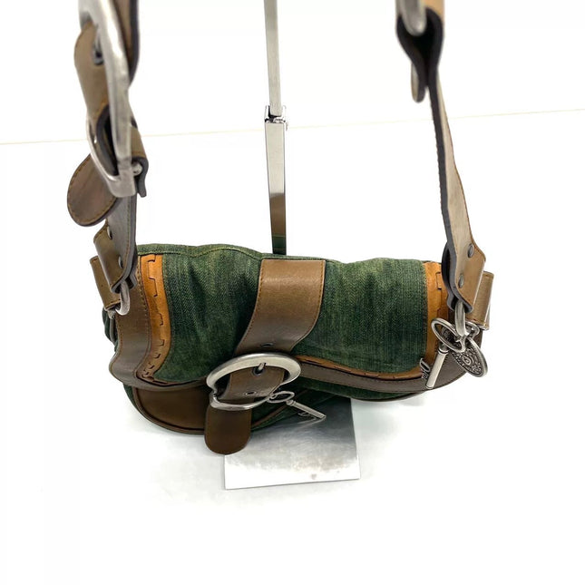 Dior Vintage Gaucho Large Green Denim Brown Leather Crossbody Bag