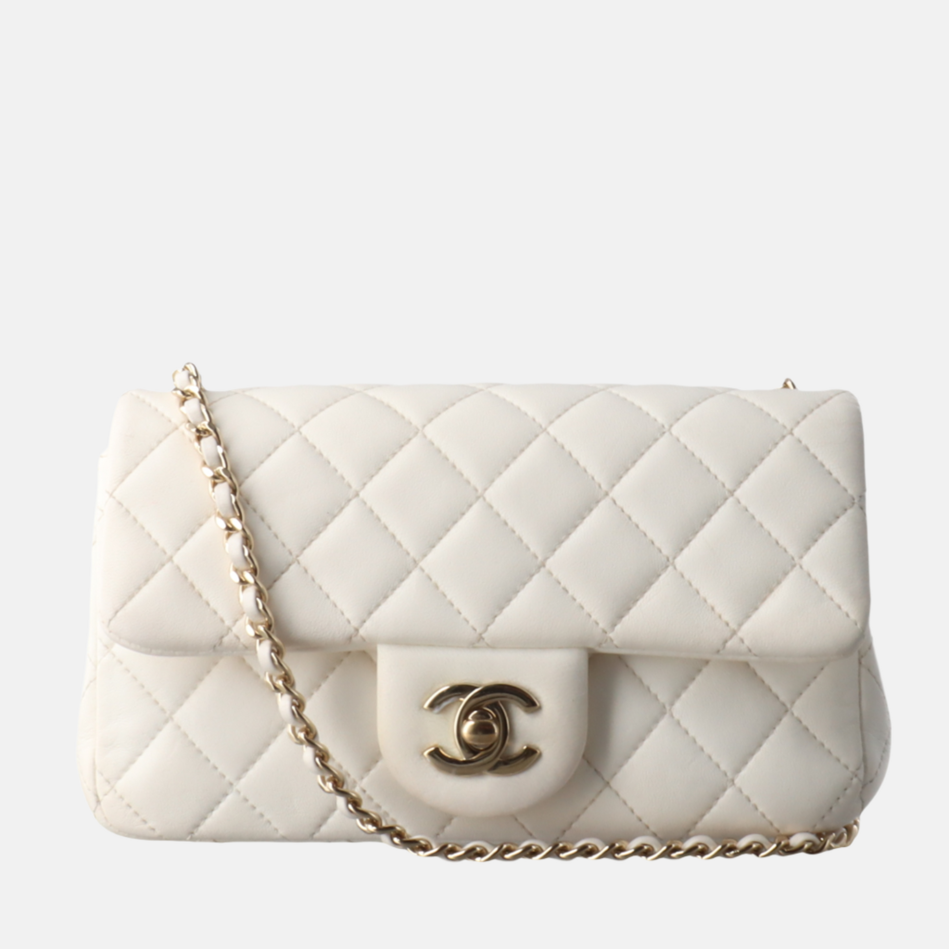 Chanel Classic Flap Rectangular Mini White Lambskin Pearl Crush Adjustable Gold Ball Chain