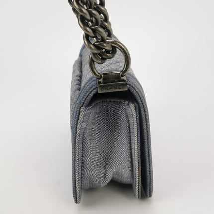 Chanel Le Boy Small Denim Blue Jeans Chevron Stitching Silver Hardware
