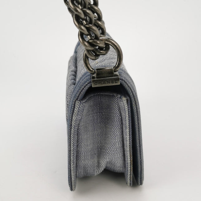 Chanel Le Boy Small Denim Blue Jeans Chevron Stitching Silver Hardware