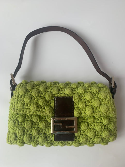 Sold Fendi Baguette Bag Green Wool Pompom Shoulder Bag
