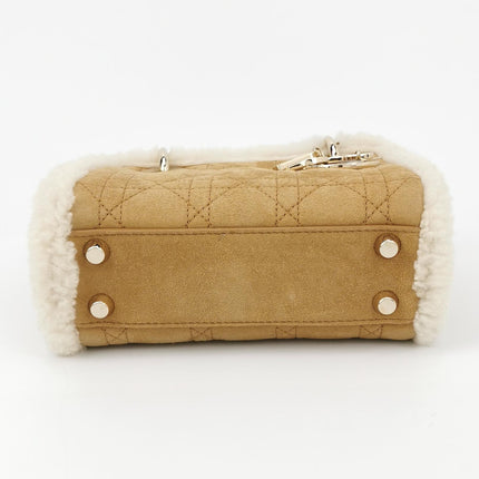 Lady Dior Mini Handbag Brown Leather Shearling Gold Hardware