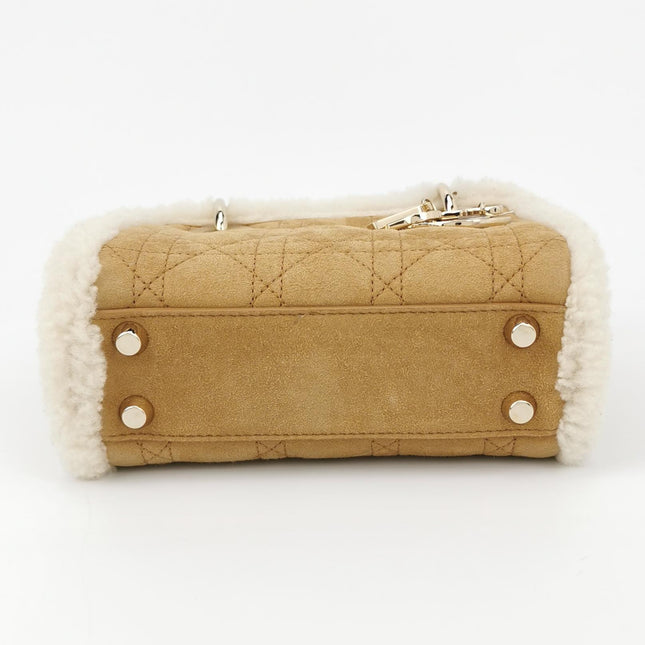 Lady Dior Mini Handbag Brown Leather Shearling Gold Hardware