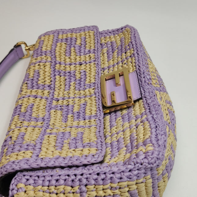 Fendi Baguette Medium Beige Lavender Raffia Leather Crossbody Bag