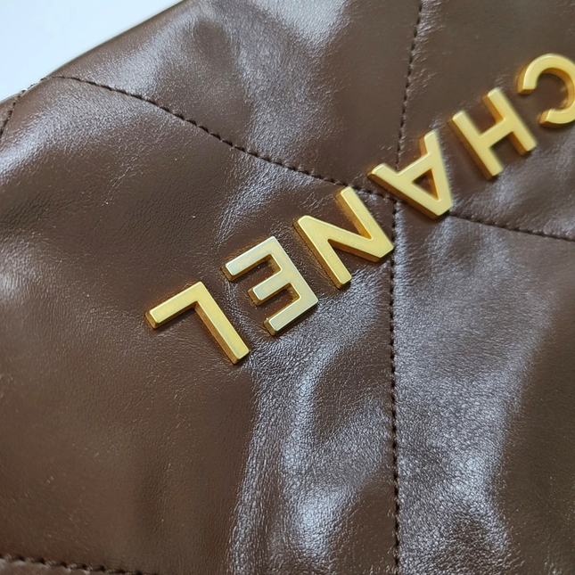 Chanel 22 Hobo Bag Mini Shiny Calfskin Leather Dark Chocolate Brown with Gold-tone Hardware