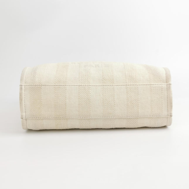 Chanel Deauville Tote Light Beige Stripes Cloth Leather Chain Handle Small 34cm