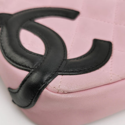 Chanel Cambon Clutch Shoulder Bag Pink Calfskin Leather Black Strap