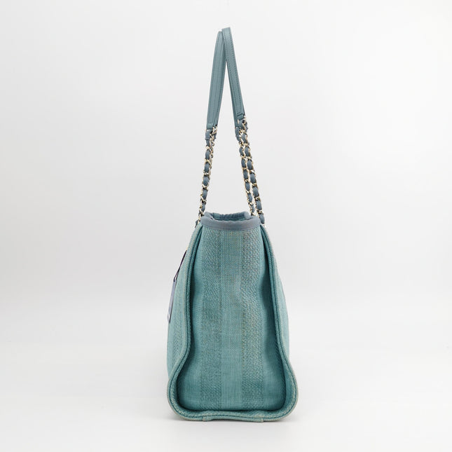 Chanel Deauville Tote Light Blue Turquoise Stripes Cloth Leather Chain Handle Small 34cm