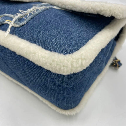 Chanel Blue Denim White Shearling Egyptian Hieroglyph Maxi Flap Bag Gold Hardware, 2019