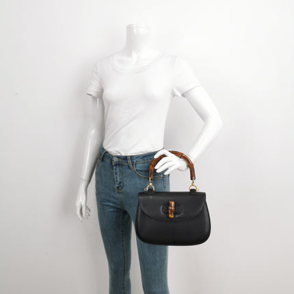 Gucci Bamboo 1947 Small Black Grained Leather Top Handle Bag
