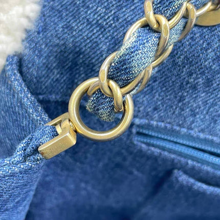 Chanel Blue Denim White Shearling Egyptian Hieroglyph Maxi Flap Bag Gold Hardware, 2019