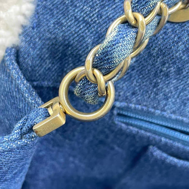 Chanel Blue Denim White Shearling Egyptian Hieroglyph Maxi Flap Bag Gold Hardware, 2019