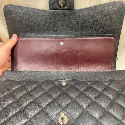 Chanel Classic Flap Maxi Black Caviar Leather Double Flap Sliver Hardware
