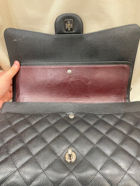 Chanel Classic Flap Maxi Black Caviar Leather Double Flap Sliver Hardware