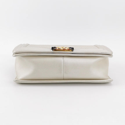 Chanel Le Boy Medium White Pearlescent Waffle Lambskin Leather Red Lock 2013-2014