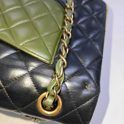 Chanel Timeless Classic Flap Medium Tricolor Black Green Lambskin Leather Gold-tone Hardware