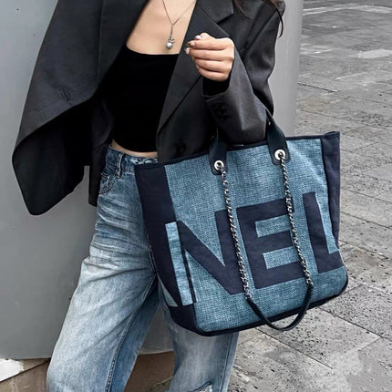 Chanel Deauville Tote Medium Navy Denim Top Handle