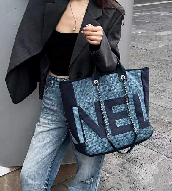 Chanel Deauville Tote Medium Navy Denim Top Handle