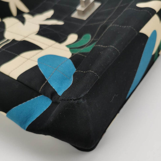 Chanel 2.55 Flap Bag Vintage Chocolate Bar Multipocket 2000 Large Black Fabric with Bird Print