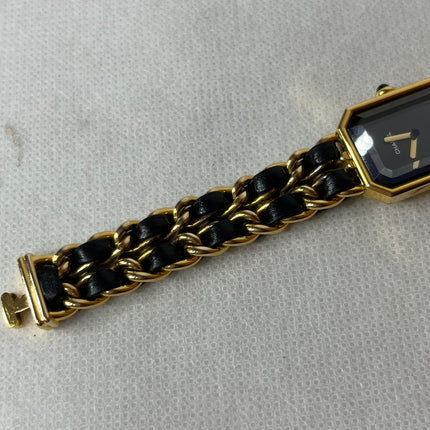 CHANEL 1987 Vintage PREMIERE Watch Medium Black Leather and 24KT Yellow Gold Plated