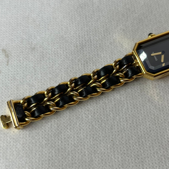 CHANEL 1987 Vintage PREMIERE Watch Medium Black Leather and 24KT Yellow Gold Plated