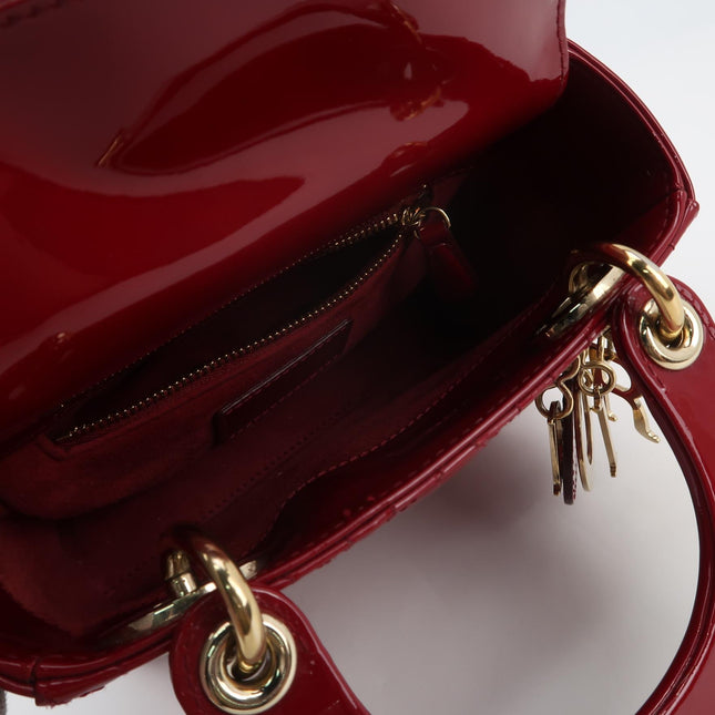 Lady Dior Mini 2019 Red Burgundy Patent Leather Gold Hardware Suede Interior Chain Strap