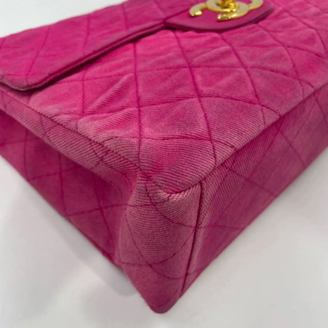 Chanel RARE Vintage Classic Maxi 34 Flap Hot Pink Denim Giant CC 24 Gold Hardware