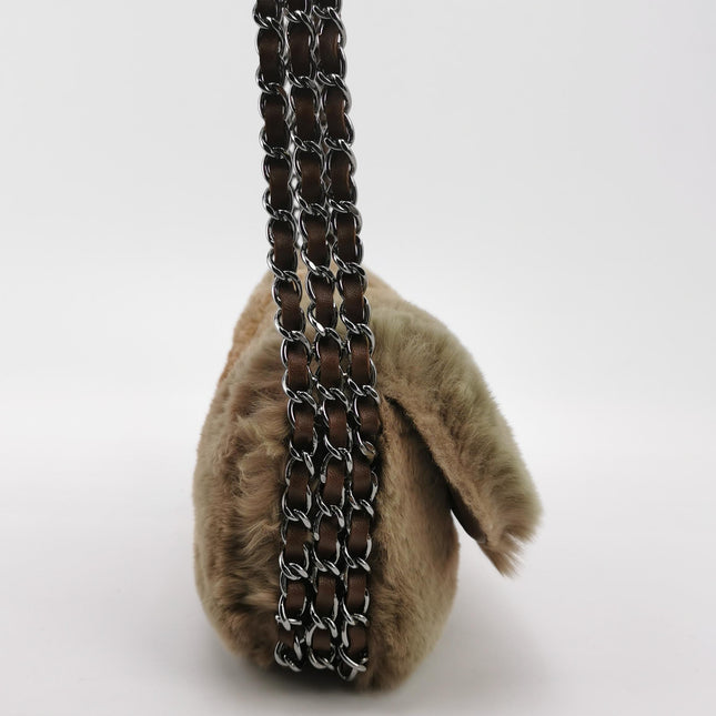 Chanel Fur Flap Bag Brown Grey Chincilla Bag Multi-Layer Chain