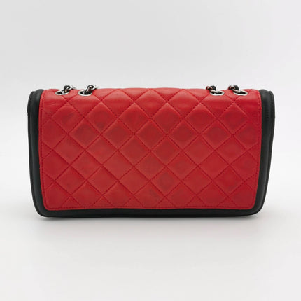 Chanel Baguette Flap Shoulder Bag Lambskin Red and Black Silver Double Chain