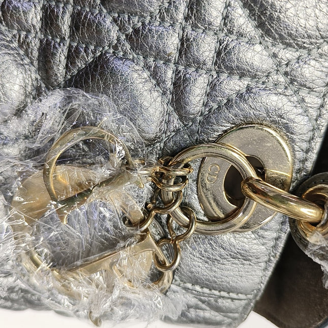 Lady Dior Small Supple Calfskin Leather Metallic Grey Cannage Handbag with Strap