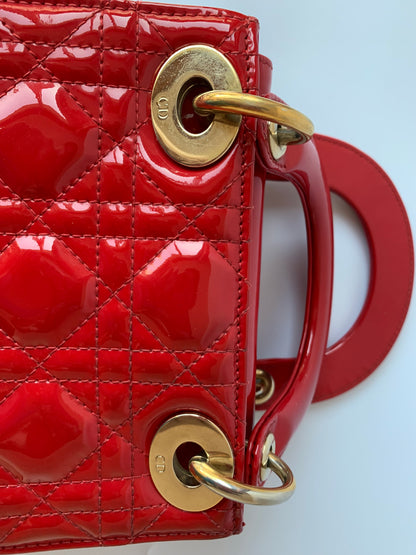 Sold Lady Dior Patent Leather Red Mini handbag with gold hardware